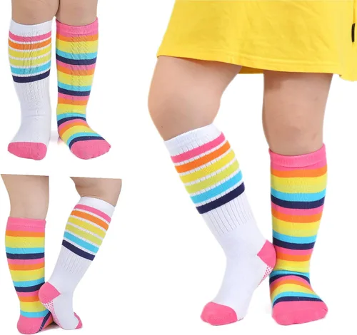 Miniatura 14 de EPEIUS Calcetines altos hasta la rodilla con rayas de arco iris para bebé, calcetines de tubo antideslizantes para uniforme de fútbol para niños