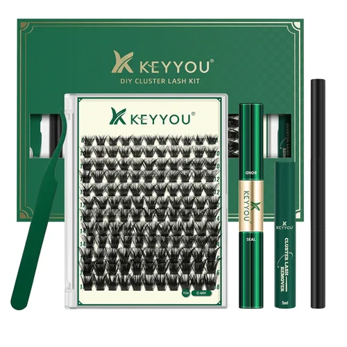 KEYYOU - Kit de extensión de pestañas para bricolaje, 144 pestañas en racimo, kit con cepillo tipo rímel, pegamento para unir y sellar, removedor de