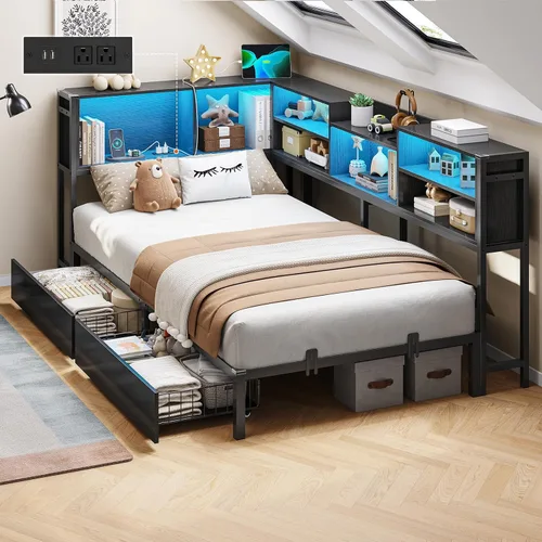 DICTAC Marco de cama esquinero tamaño individual con almacenamiento y luces LED, plataforma de metal con 2 cajones y estación de carga, cama