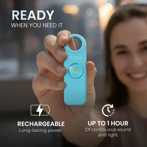 Miniatura 8 de POM Alarma de seguridad personal para mujer – Sirena de emergencia de 130 dB, recargable por USB-C con linterna LED brillante, diseño de llavero