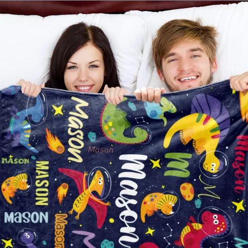 Miniatura 5 de Manta personalizada de dinosaurio para niños, manta con nombre personalizado para niños Dino Outspace, manta de dinosaurio de franela suave