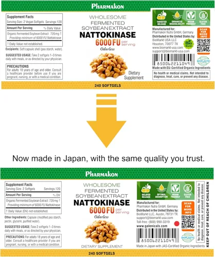 Miniatura 2 de PHARMAKON Nattokinase, Cápsulas Blandas Biodisponibles, Extracto de Soja Orgánica Fermentada, 6000 FU por Porción