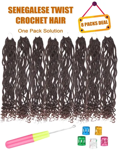 Miniatura 4 de 8 paquetes de cabello senegalés de ganchillo para mujeres negras, trenzas de ganchillo preenlazadas de 8 pulgadas, con extremos rizados, 2 hebras