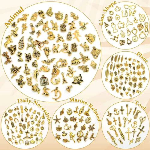 Miniatura 5 de 400 piezas al por mayor de lotes a granel para hacer joyas, pequeños dijes de metal tibetano antioro surtidos surtidos para collares, pulseras Oro