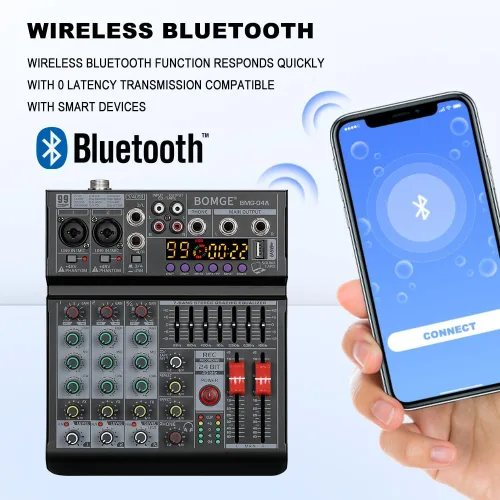 Miniatura 4 de BOMGE Mezclador de audio 04A, consola de mezcla de tablero de sonido profesional con USB/Bluetooth/Computadora/Mezclador de DJ de entrada estéreo