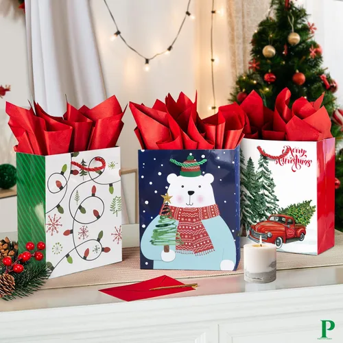 Miniatura 3 de Party Funny Juego de 24 bolsas pequeñas de regalo de Navidad a granel con asas, 26 papel de seda y 60 etiquetas de regalo de Navidad, 24 diseños