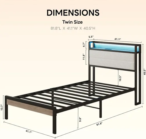 Miniatura 2 de LIKIMIO Base de cama individual con cabecera de almacenamiento y luces LED, plataforma de metal con estación de carga, sin ruido, no necesita