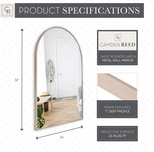 Miniatura 2 de Camden Reed Espejo de pared de metal de arco redondeado de 24 x 36 pulgadas, marrón claro, espejo para entrada, sala de estar, baño, dormitorio