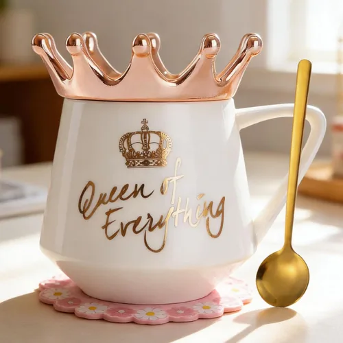 Miniatura 17 de Arawat Queen of Everything - Taza con tapa, taza negra dulce con corona de café, taza de 12 onzas, regalo con cuchara y posavasos, taza de té