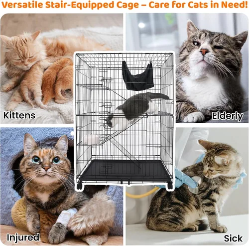 Miniatura 6 de Homey Pet Jaulas para gatos de 50 pulgadas para interiores, jaulas grandes de 4 niveles para gatos de interior, jaula plegable de alambre de metal