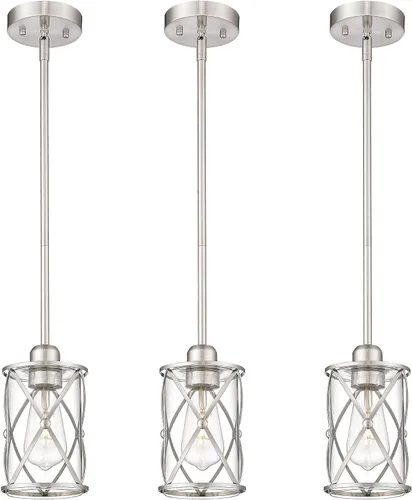 Luces Colgantes de Níquel Cepillado para Isla de Cocina Paquete de 3, Iluminación Colgante de Vidrio para Cocina sobre Isla con Varilla, Moderna