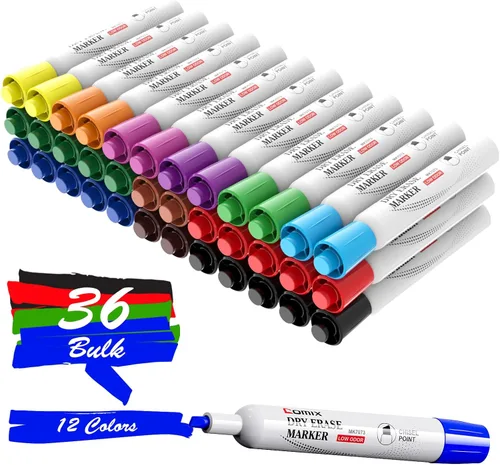 Comix Marcadores de borrado en seco, marcadores de pizarra blanca con punta de cincel, 36 a granel, 12 marcadores de bajo olor de colores surtidos