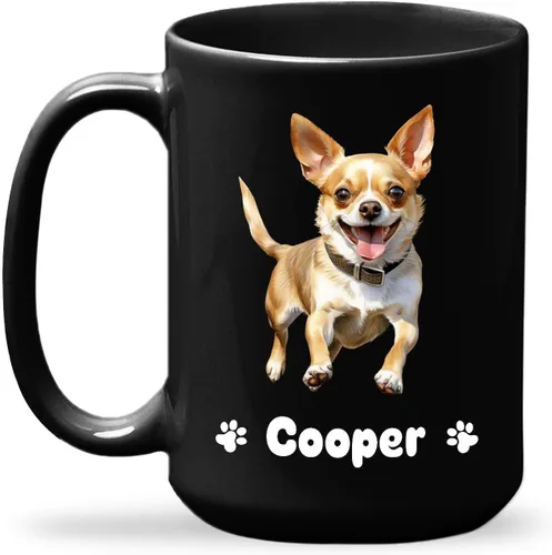 Taza de viaje negra personalizada con nombre a elegir de 11 onzas, 15 onzas, taza de cerámica personalizada para perros Chihuahua, regalo para
