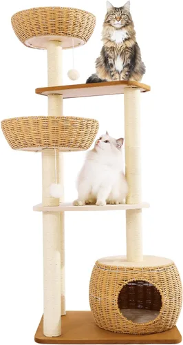Miniatura 8 de Moderna torre de árbol para gatos de interior, condominio de madera de varios niveles con nido de cápsula espacial, cesta tejida a mano para gatos
