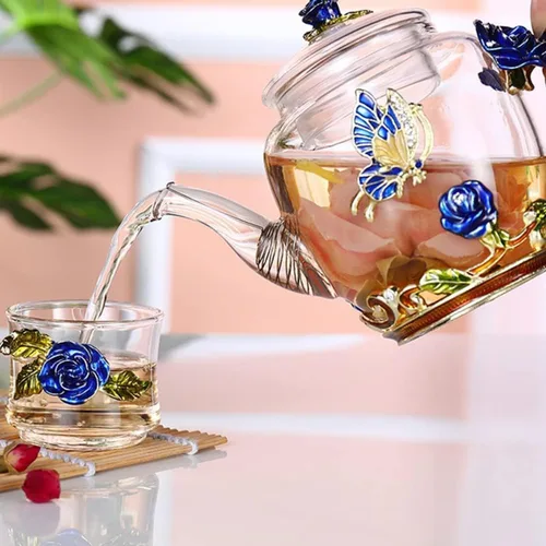 Miniatura 4 de Tetera creativa de cristal de flores para té de Kung Fu, buen regalo para hermana, mamá, abuela, profesores (rosa azul)