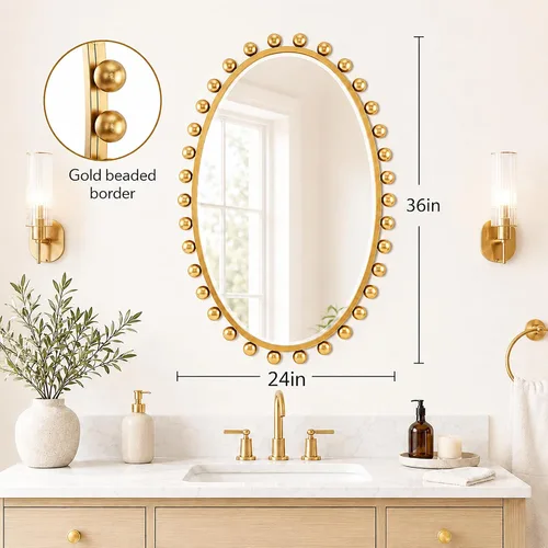Miniatura 3 de Espejo ovalado de pared de 24 x 36 pulgadas con vidrio biselado, marco de bola de cuentas de oro antiguo, espejo de pared colgante vertical