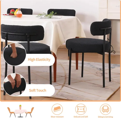 Miniatura 5 de Juego de 2 sillas de comedor negras, sillas de comedor modernas de mediados de siglo, respaldo curvado, sillas de comedor tapizadas redondas