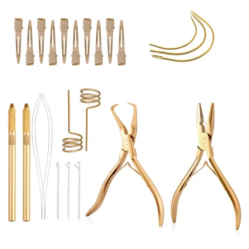 Miniatura 12 de Kit de herramientas de extensión de cabello, alicates de acero inoxidable de color tostado, micro cuentas, gancho removedor de bucle, clips