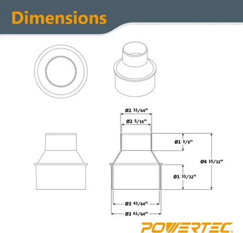 Miniatura 3 de POWERTEC 70366 Puerta de explosión integrada de 4" (patentada) con manguito flexible de 4" y 4" OD a 2-1/2" OD reductor de cono de diámetro exterior