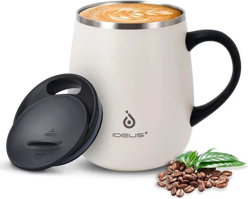 Ideus 470 ml (16 oz) Taza de café aislada con asa y tapa, taza de café térmica de acero inoxidable de doble pared, taza de café de viaje para el
