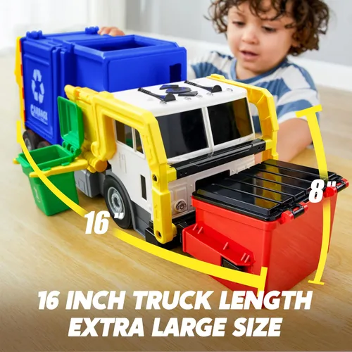 Miniatura 5 de JOYIN Juego de juguetes de camión de basura de fricción grande, incluye 1 contenedor, 3 cubos de basura y 30 tarjetas de aprendizaje para niños, Azul