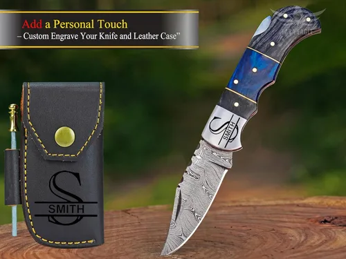 Miniatura 4 de Cuchillo de bolsillo de damasco personalizado para hombres - Cuchillo plegable de caza de acero sólido de 133 capas hecho a mano con afilador y azul