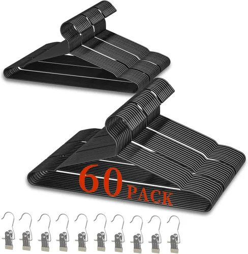 Miniatura 8 de Juego de 40 perchas + 5 clips, perchas de metal negro mate resistentes de 16.69 pulgadas, soporta 50 libras de peso, acabado con recubrimiento