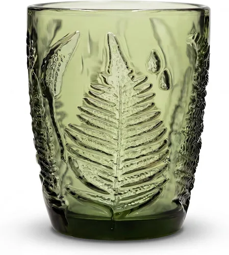 Miniatura 16 de Juego de 4 vasos vintage de vidrio transparente prensado a mano de 10 onzas, cristalería retro en relieve de helecho, vasos texturizados para agua