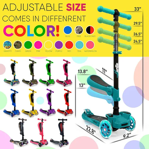 Miniatura 7 de Hurtle Patinete de 3 ruedas para niños, luces LED de ruedas, manubrio ajustable de inclinación para dirigir y asiento plegable, paseo sentado