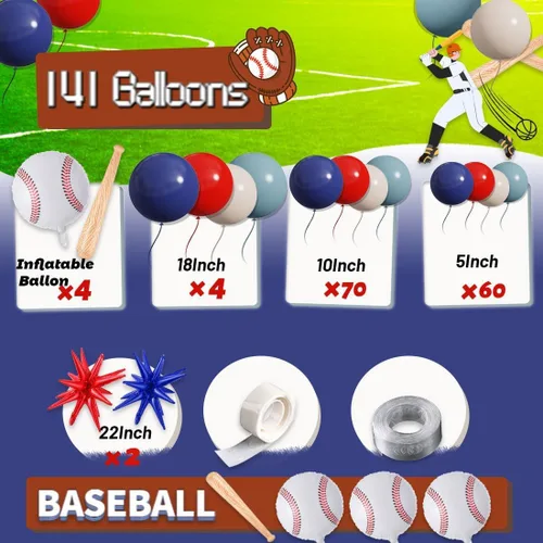 Miniatura 2 de Kit de arco de guirnalda de globos de béisbol, 141 unidades, rojo, blanco, azul profundo, azul crepúsculo con globos de estrella de bate de béisbol