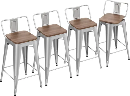 Miniatura 9 de Yongchuang Juego de 4 taburetes de bar giratorios de 26 pulgadas con respaldo, taburetes de bar industriales de metal negro con asiento de madera