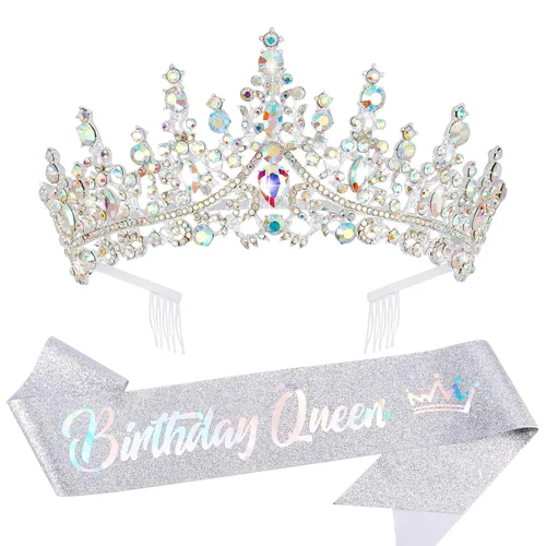 VELSCRUN Coronas de Reina de Cumpleaños para Mujeres y Niñas, Corona de Princesa, Diadema de Cumpleaños, Fajas, Decoraciones para Fiestas, Regalo