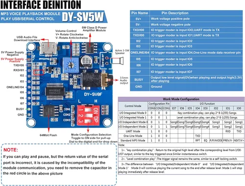 Miniatura 2 de 2 unids placa de módulo de reproducción de voz reproductor de MP3 Módulo de voz de música, 5W 64MBit Flash Serial Control SD/TF Tarjeta IO