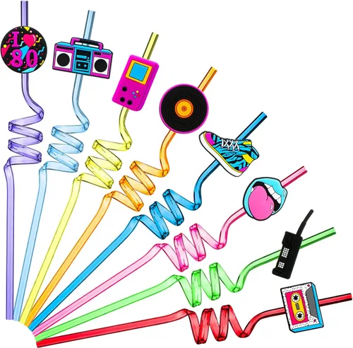 Vesici Decoración de fiesta de los años 80, diseño retro de paja hip hop, pajitas tontas para beber con texto en inglés "I Love Radio Boombox",