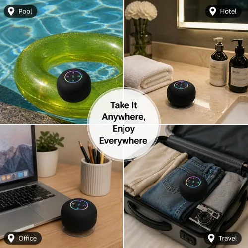 Miniatura 7 de Altavoz de ducha Bluetooth con LED – Altavoz mini inalámbrico portátil con micrófono y ventosa, resistente al agua IPX4 para ducha, viaje, piscina