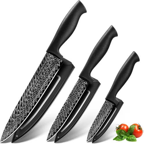 Gourmetop Juego de cuchillos de cocina con funda 3 piezas, juego de cuchillos de chef negros para cocinar, cuchillos de cocina afilados con funda,