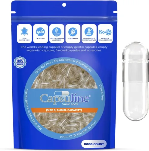 Capsuline Cápsulas de gelatina vacías tamaño 0, transparentes, 10000 unidades, sin gluten, Kosher, con certificación OGM | Pastillas bovinas puras
