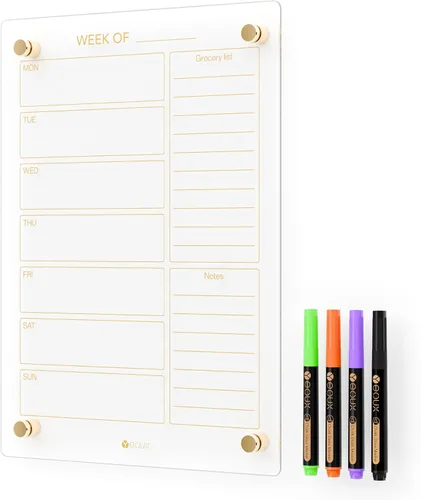 Miniatura 13 de Calendario semanal de borrado en seco dorado de cristal negro y pizarra blanca de menú para pared, planificación de comidas y lista de compras