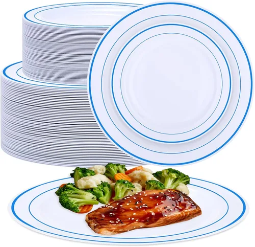 Patelai 100 platos de plástico para fiestas, platos desechables resistentes, el juego de vajilla de plástico incluye 50 platos de cena de 10 Borde