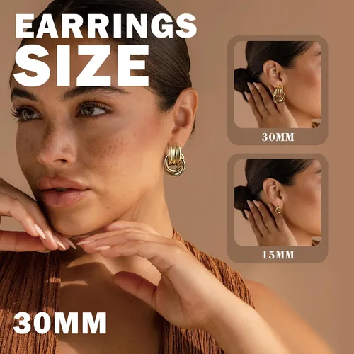 Miniatura 3 de Aretes gruesos de nudo dorado para mujer, aretes de eslabones largos con diseño geométrico de oro y plata