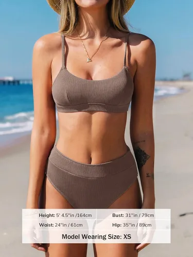 Miniatura 3 de CUPSHE Conjunto de bikini de dos piezas para mujer, traje de baño de cintura alta con cuello redondo