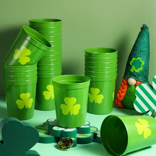 Miniatura 4 de Patelai 32 vasos de plástico para fiesta del día de San Patricio, 16 onzas, reutilizables, de trébol de la suerte, para fiestas del día de San Verde