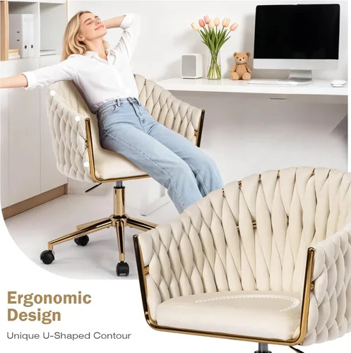 Miniatura 6 de Silla de Oficina de Terciopelo Tejida a Mano, Sillas de Escritorio de Tocador Beige con Ruedas Doradas, Silla Giratoria de 360° para Oficina en Negro