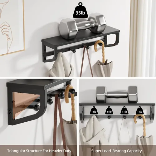 Miniatura 2 de Perchero de pared, estante de pared de madera con ganchos, colgador de pared con 4 ganchos de metal, organizador de perchero montado en la pared