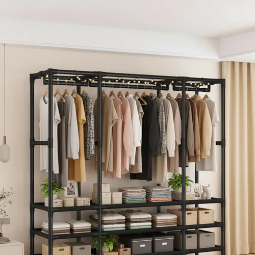 Miniatura 3 de Armario portátil para colgar ropa, armario de estilo japonés, perchero con 1 varillas para colgar, 2 estantes de almacenamiento, 27.5 pulgadas
