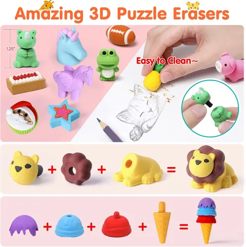 Miniatura 4 de Moosia Paquete de 60 borradores de lápices de animales para niños, mini rompecabezas 3D para desmontar, mascotas de escritorio y juguetes de caja