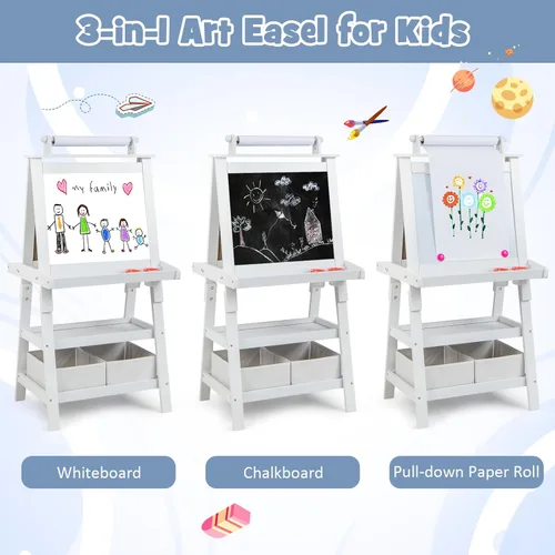 Miniatura 2 de Costzon Caballete de arte para niños, caballete de pintura de doble cara 3 en 1 con pizarra blanca magnética, pizarra y rollo de papel, estante