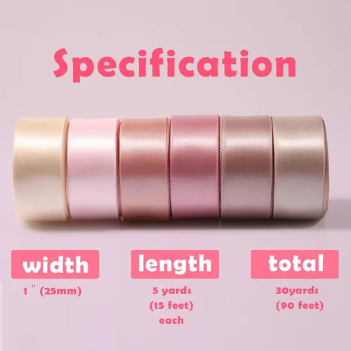 Miniatura 2 de 6 rollos de cinta para ramo de flores, 1 pulgada x 30 yardas, cinta de satén de doble cara rosa polvorienta, cintas de seda rosa para invitaciones