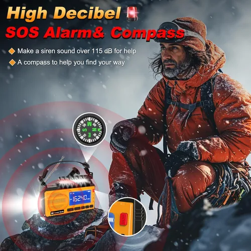 Miniatura 5 de Radio de manivela de emergencia, radio solar de emergencia de manivela manual de 37000 mWh (10000 mAh) Radio meteorológica AM/FM NOAA con pantalla
