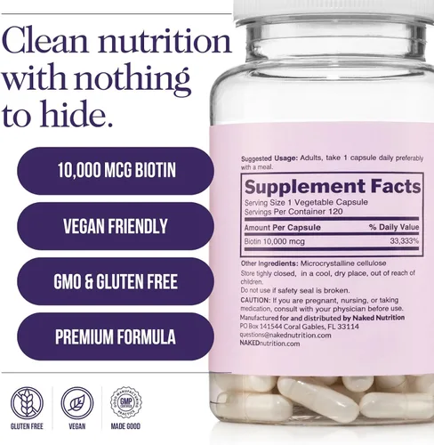 Miniatura 5 de NAKED Biotin 10,000mcg - Max Strength Vitamin B7 Supplement for Healthy Hair, Skin & Nails Support - Non-GMO, Gluten-Free, Vegan - Supports Keratin